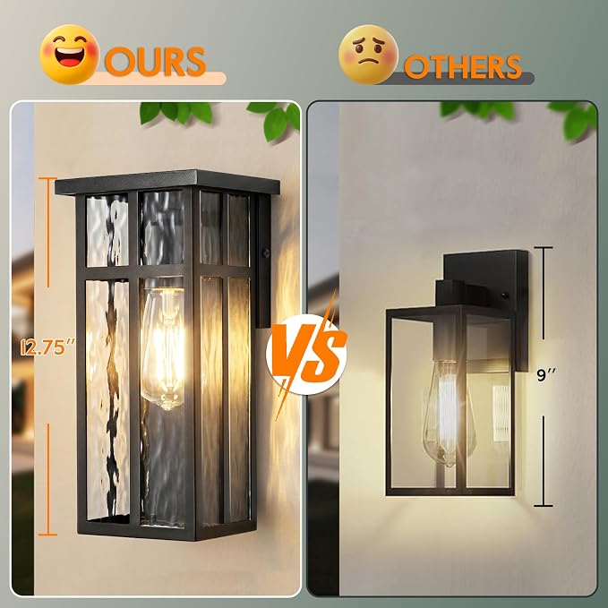 Outdoor Wall Light Fixtures, Modern Black Porch Wall Lights | Waterproof Construction & Durable Metal, Rust-Resistant, Quick & Easy Installation, Ripple Glass Shades & Standard E26 Socket