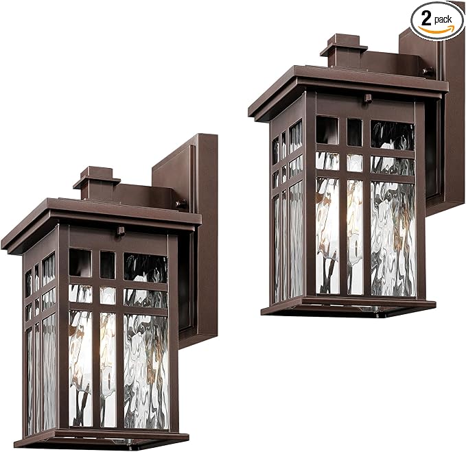 zeyu 12 Inch Patio Wall Light Fixture, 2 Pack Outdoor Modern Wall Lights, Die-Cast Aluminum, Oil Rubbed Bronze Finish with Water Ripple Glass Glass, 20068B1-2PK ORB WP
