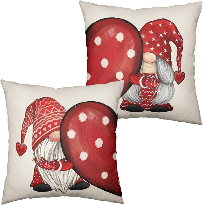 Set of 2 Valentine Pillow Covers 16x16 Valentines Gnome Cotton Linen Throw Pillow Covers Red Polka Dots Love Heart Pillow Cases for Chair Sofa Bedroom