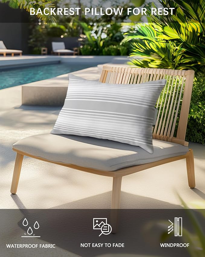 Pack of 2 Outdoor Lumbar Pillow Covers 12x20 Inch, Grey Striped Waterproof Throw Pillow Covers Set, Gray Ombre Farmhouse Stripes Indoor&Outdoor Decorative Cushion Cases for Patio Porch Car