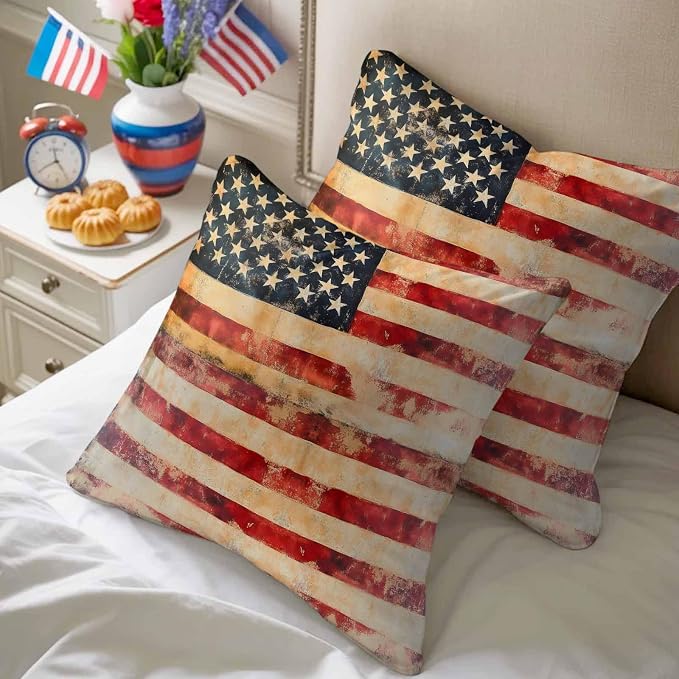 Independence Day Outdoor Pillow Covers 18"x18" Set of 2, Retro Country American Flag Waterproof Throw Pillow Covers for Patio Furniture, Decorative Cushion Covers for Porch