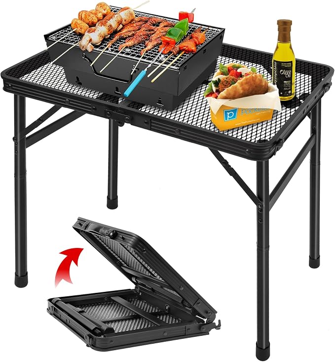 Folding Grill Table Camping Table with Mesh Desktop, Lightweight & Portable Outdoor Picnic Table, Height Adjustable Portable for Outside Inside Use