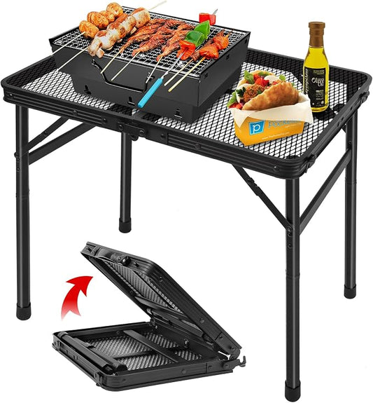 Folding Grill Table Camping Table with Mesh Desktop, Lightweight & Portable Outdoor Picnic Table, Height Adjustable Portable for Outside Inside Use