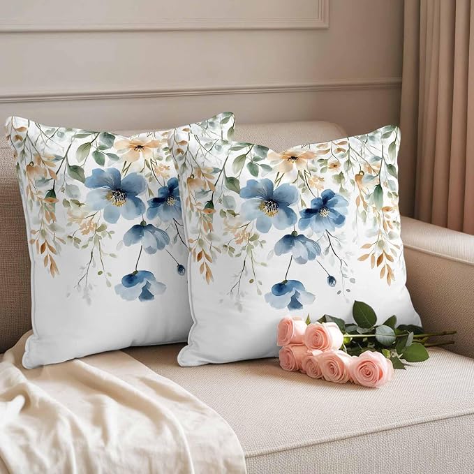 Blue Spring Floral Waterproof Outdoor Pillow Covers 18''x18'' Set of 2, Weeping Botanical Patio Furniture Summer Cushion Covers for Chairs, Decorative Wildflowers Pillow Cases for Garden/Pool/Beach