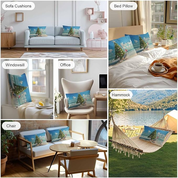 Christmas Outdoor Throw Pillows Covers 20x12 inch Set of 2 Waterproof Christmas Tree Decorative Zippered Cushion Covers for Patio Furniture, Pelican Starfish Shell Beach Wave Lumbar Pillowcases
