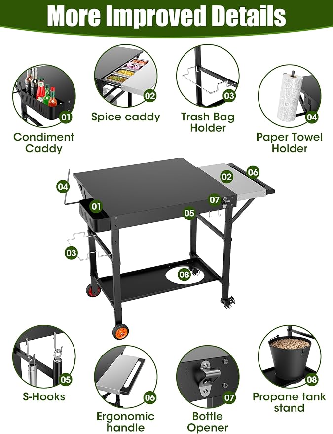 Outdoor Pizza Oven Table, Movable Grill Side Table, Expansive Countertop Pizzas Oven Accessories, Pizzas Stands for Party with Wheels, Fits Ooni Blackstone Ninja Cuisinart Gozney