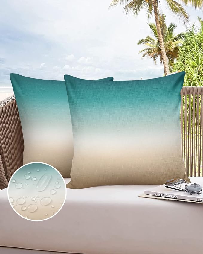 Outdoor Pillow Covers Waterproof Teal Beige Ombre Cream All Weather Cushion Case Set of 2, Modern Turquoise Abstract Art Aesthetics Decorative Pillowcases for Sofa Couch Bed Decor Patio 20"x20"