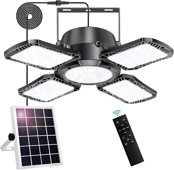 Solar Shed Light Outdoor Indoor, 176LED Solar Powered Motion Sensor Pendant Light Daytime Available, Solar Indoor Lights with 5 Lighting Modes & Remote for Shed Gazebo Barn Garage Home