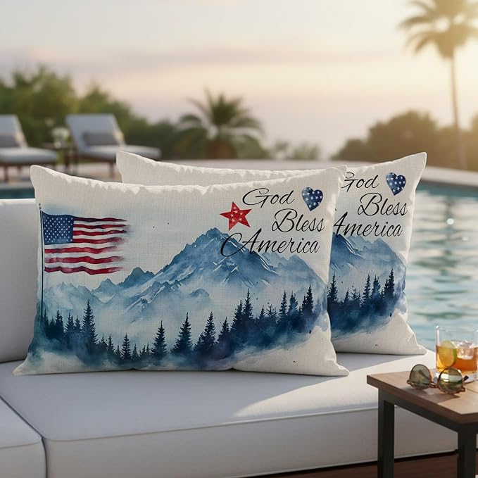 4th of July Outdoor Pillow Covers 20x12 Inch Lumbar Pillow Covers Set of 2 Waterproof Decorative Throw Pillow Cases Independence Day American Flag Forest Cushion Covers for Patio Furniture Garden