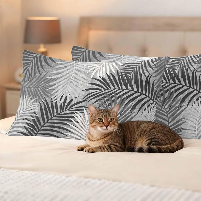 Outdoor Waterproof Throw Pillow Covers, Grey Palm Leaves Decorative Pillow Cases, Summer Botanical Tropical Leaf Couch Pillow Protector Patio Sofa Cushion Covers Replacement 20"x12" 2 Pack
