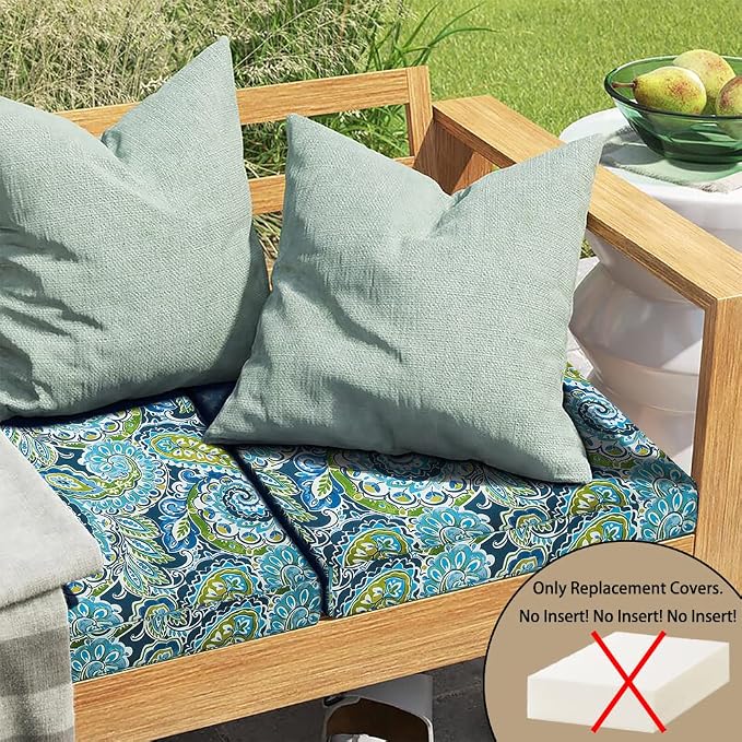Magpie Fabrics Indoor Outdoor Cushion Cover Replacement 2 Pack, NO Insert! Water Repellent Slipcover with Ties Decor for Patio Garden Chair Sofa Bench Wicker(Paisley Lapis Green, 22x20x4 Inch)