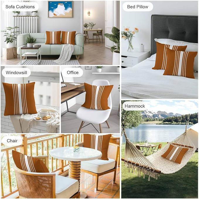 Burnt Orange White Stripe Outdoor Pillow Covers 18x18 Inch Throw Pillow Covers Set of 2 Waterproof Decorative Pillow Cases Modern Rustic Vertical Striped Cushion Covers for Patio Furniture Garden