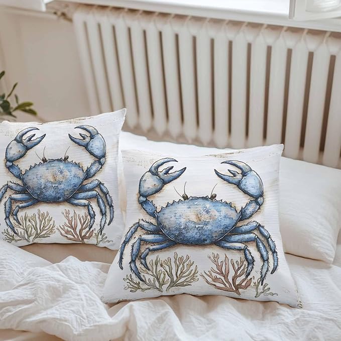 Blue Crab Coastal Outdoor Waterproof Pillow Covers, Nautical Summer Coral Ocean Beach Decorative Square Throw Pillowcase Sofa Cushion Sham for Patio/Couch/Chair, 18"x18" 2 Pack