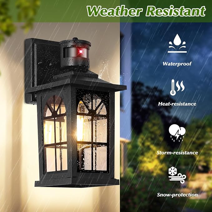 Motion Sensor Outdoor Wall Light Fixture, Dusk to Dawn Porch Light | Auto ON/OFF, 3 Lighting Modes, Waterproof, Rust-Resistant, Aluminum Frame & Sturdy Glass, Easy to Install