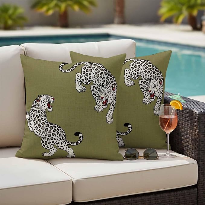 Yukro Green Leopard Outdoor Waterproof Pillow Covers Pack of 2, Modern Style Wild Animal Rustic Linen Texture Throw Pillowcases Decorative Cushion Covers for Garden Patio Tent Sofa Couch, 20x20 inch