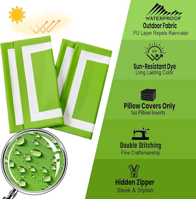 JOJOGOGO 12x20 Apple Green Outdoor Lumbar Pillow Covers Waterproof & Sunproof Set of 2, White and Green Outdoor Decorative Lumbar Pillows for Patio Furniture and Porch Decor(Without Inserts)