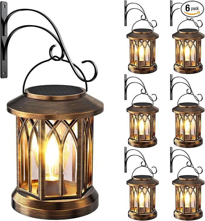 Solar Lantern Outdoor Lights with Metal Hooks, 6 Pack Upgraded Solar Lanterns Outdoor Waterproof, Hanging Solar Lights for Outside Decorative Yard Patio Path Porch Garden Decor(Antique Copper)