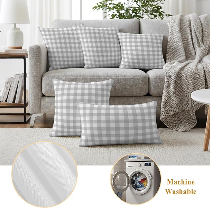 Light Gray Checks Outdoor Pillow Covers 24"x24" Set of 2, Gingham Plaid Abstract Modern Minimalist Waterproof Throw Pillow Covers for Patio Furniture, Decorative Cushion Covers for Porch