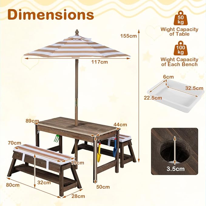 HONEY JOY Kids Picnic Table, 4 in 1 Fir Wood Toddler Sand & Water Table w/Removable Box & Umbrella, Waterproof Cover, Garden Tools, Children Outdoor Table and Bench Set with Cushions (Coffee)