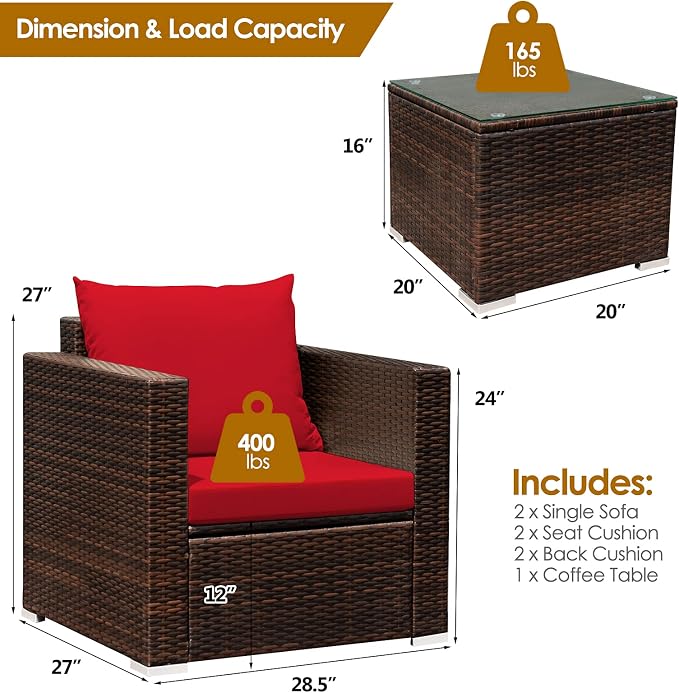 HAPPYGRILL 3 Piece Patio Furniture Set PE Rattan Wicker Sofa Set with Cushions and Coffee Table Outdoor Patio Conversation Set for Garden Poolside Balcony