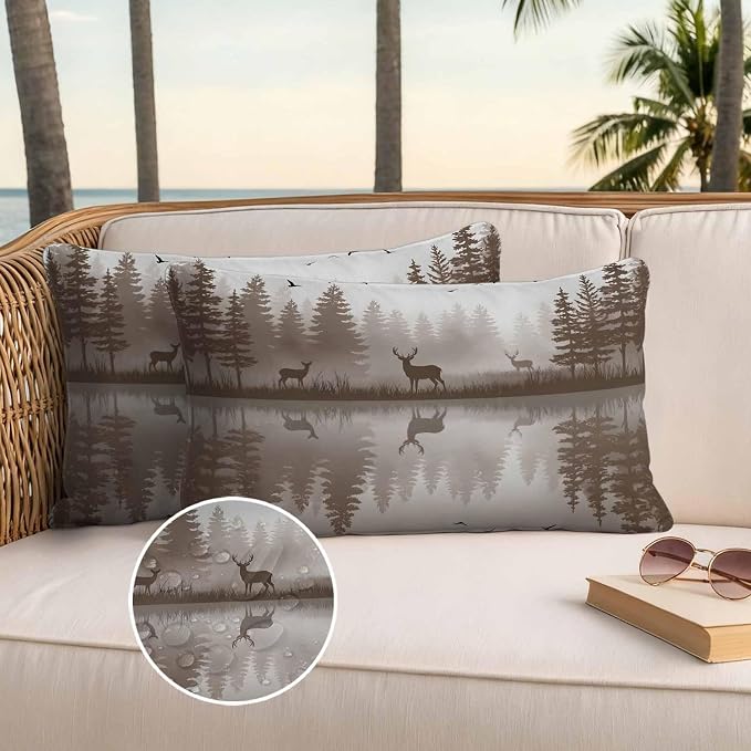 Yukro Brown Nature Landscape Outdoor Waterproof Pillow Covers Pack of 2, Deer Misty Lake Foggy Forest Birds Throw Pillowcases Decorative Cushion Covers for Garden Patio Tent Sofa Couch, 20x12 inch