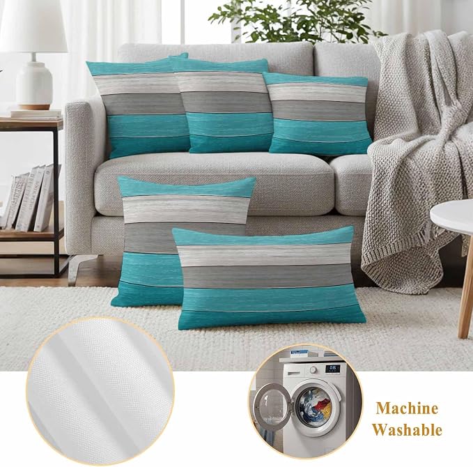 Outdoor Throw Pillow Covers 18X18 Set of 2 Waterproof Ombre Aqua Blue Gray Decorative Zippered Cushion Covers for Patio Furniture, Farmhouse Retro Rustic Barn Wood Texture Lumbar Pillowcases