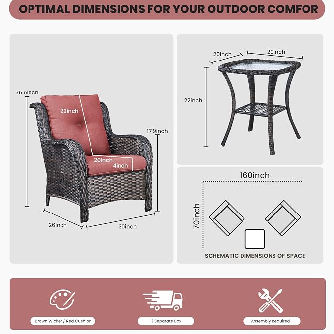 Belord Outdoor Furniture Set Patio Wicker Chairs, 3 Peices Porch Rattan Furniture with Side Table, Deep Seating Patio Bistro Chair Sets (Red Cushion)