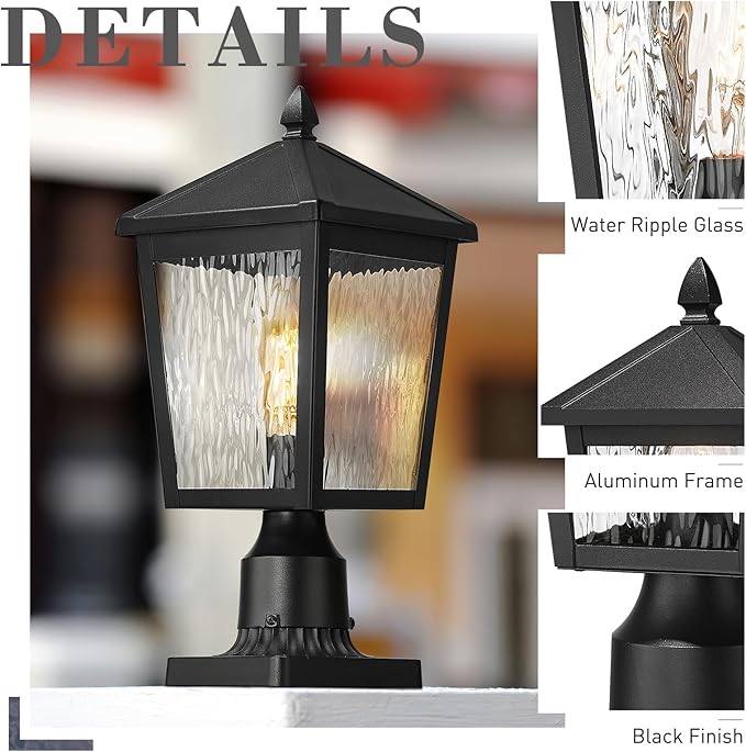 zeyu Large Lamp Post Light Fixture, 16.1 Inch Outdoor Post Lamps for House Garden, Die-Cast Aluminum with Water Ripple Glass, Black Finish, 20076P BK-WP