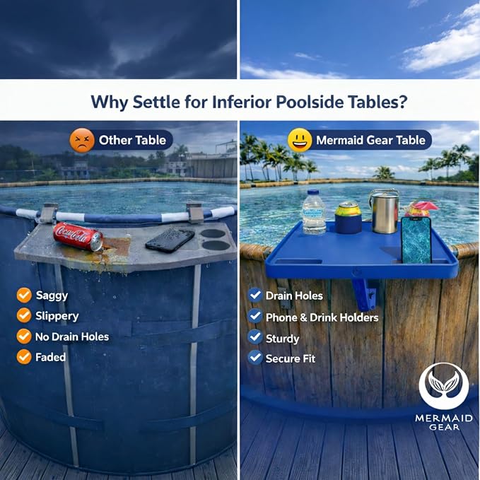 Adjustable Swimming Pool Table Serving Tray - Swim Pool Deck Patio Bar 4 Beverage Drink Cup Holders 2 Cell Phone Outdoor Portable Side UV Weather Resistant Above Ground Fountain