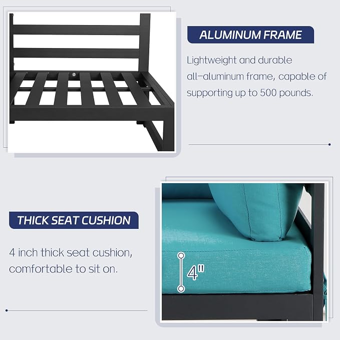 BULEXYARD 7 Seater Extra Large Modern Aluminum Outdoor Sofa with Lay Out Chair & Fire Pit Table, 500 lbs Durable Sectional Set for Heavy People, All Weather Comfy Patio Furniture Set for Garden, Teal