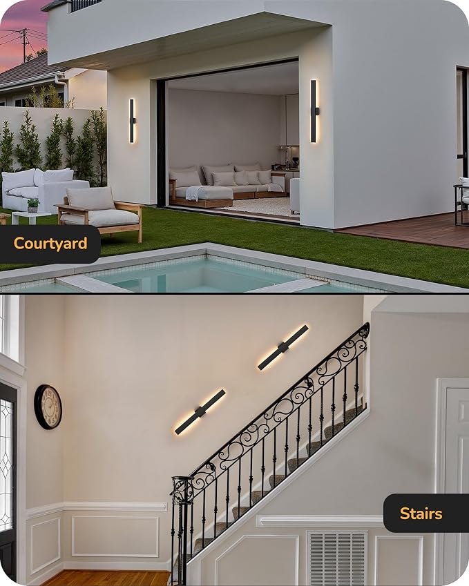 EDISHINE 31.5" LED Outdoor Wall Lights, 3CCT & 10%-100% Dimmable, IP65 Waterproof, Modern Exterior Lighting Fixtures, Long Exterior Wall Lights for Garage, Front Door, 2 Pack, Black