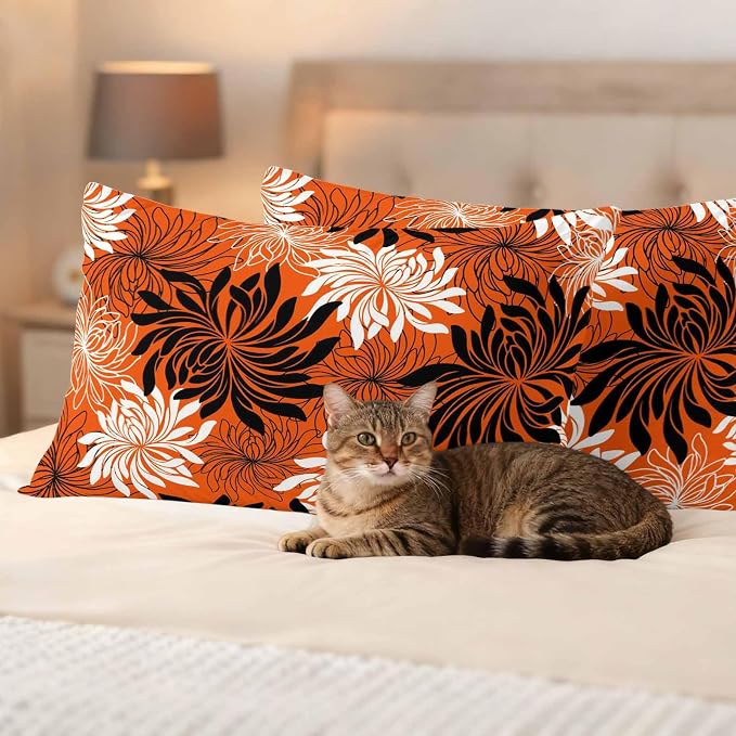Yukro Orange Black Floral Outdoor Waterproof Pillow Covers Pack of 2, Vintage White Black Flower Orange Decorative Throw Pillowcases Cushion Covers for Garden Patio Tent Sofa Couch, 20x12 inch