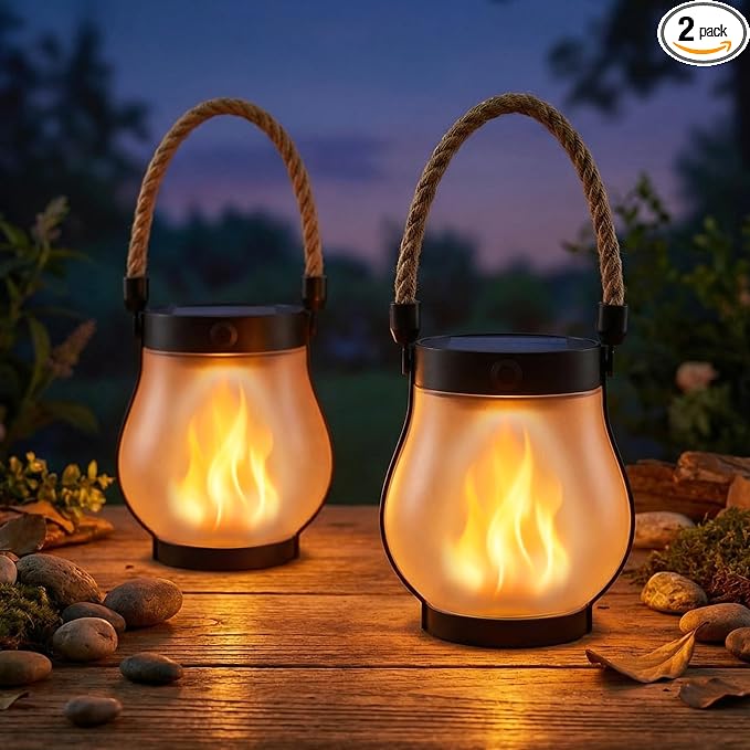Solar Lanterns Outdoor Waterproof 2-Pack, Flickering Flame Effect | Rechargeable lanterns with USB-C charging, a decorative hanging design, and dusk-to-dawn use for patios, porches and gardens