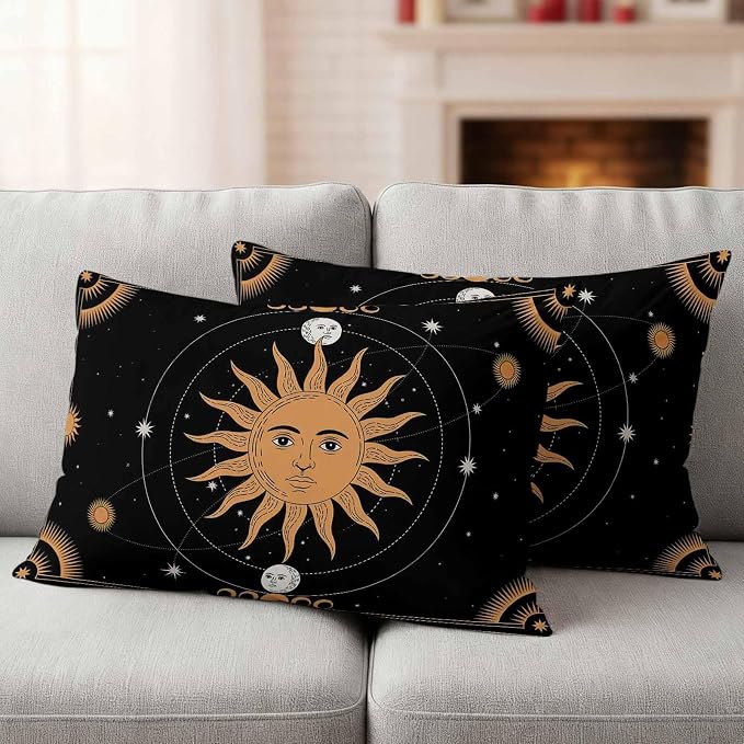 Celestial Sun and Moon Waterproof Outdoor Pillow Covers Set of 2 Home Decor, Black Sky Gold Star Boho Lumbar Pillowcase Patio Pillow Covers for Couch Bench Patio Furniture Garden 20x12in