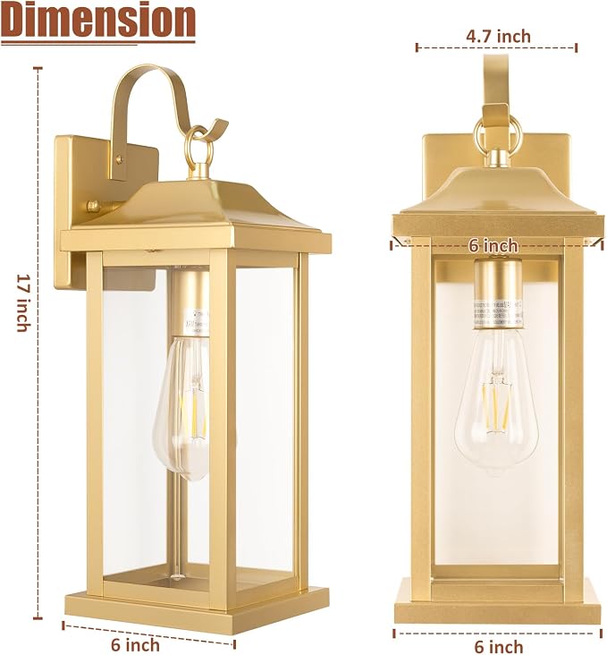 17 Inch Large Gold Outdoor Sconces Wall Lighting 2-Pack | ETL Listed Outside Wall Mounted Lamps Brass, Porch Lights Exterior Light Fixtures, IP65 Waterproof Anti-Rust