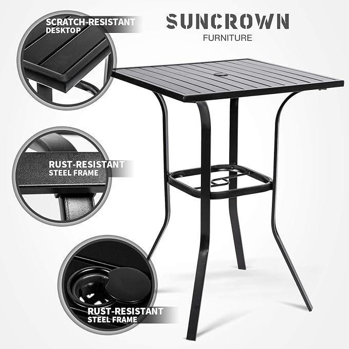 SUNCROWN Outdoor Patio Bar Height Table Bistro Square High Top Dining Table, Metal Frame, Umbrella Hole for Lawns, Poolside, Deck, Garden