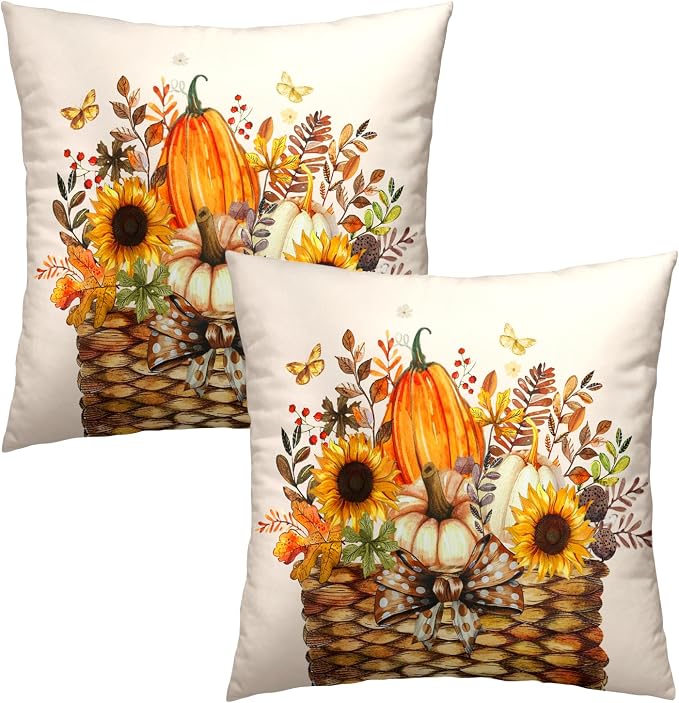 Farmhouse Fall Throw Pillow Covers Set of 2-20x20 Inch Pumpkin Sunflower Floral Leaves Basket Cotton Square Pillowcases for Sofa Bed Couch Porch Porch Garden Chairs Home Decor