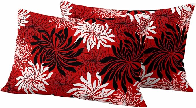 Yukro Red Black Floral Outdoor Waterproof Pillow Covers Pack of 2, Vintage White Black Flower Red Decorative Throw Pillowcases Cushion Covers for Garden Patio Tent Sofa Couch, 20x12 inch