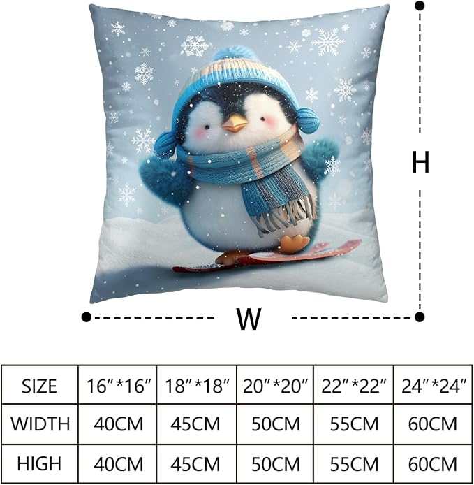 Winter Pillow Covers 22x22 Set of 2 Adorable Skiing Penguins Throw Pillow Covers Snowflakes Pillow Case Double Sided Printing Cushion Case for Home Decor Couch Sofa
