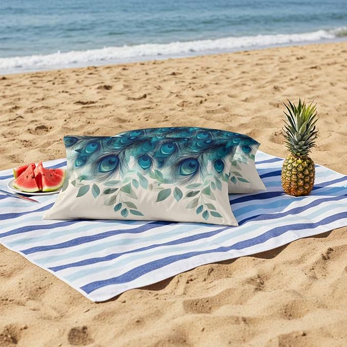 Teal Turquoise Outdoor Pillow Covers 20x12 Inch Lumbar Pillow Covers Set of 2 Waterproof Decorative Throw Pillow Cases Peacock Feathers Aesthetics Eucalyptus Cushion Covers for Patio Furniture Garden