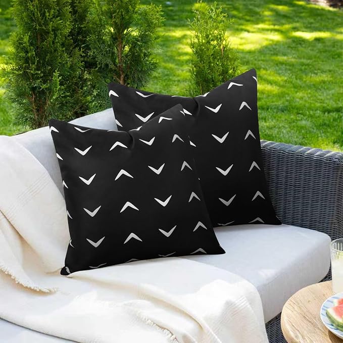 Adabana Geometric Waterproof Outdoor Pillow Covers 18x18 Black and White | Set of 2 Waterproof Design for Patio, Porch, Garden and Beach Decor