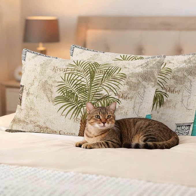 Vintage Palm Trees Waterproof Outdoor Pillow Covers 20''x12'' Set of 2, Beige Burlap Patio Furniture Summer Botanical Cushion Covers for Chairs, Decorative Tropical Pillow Cases for Garden/Pool/Beach