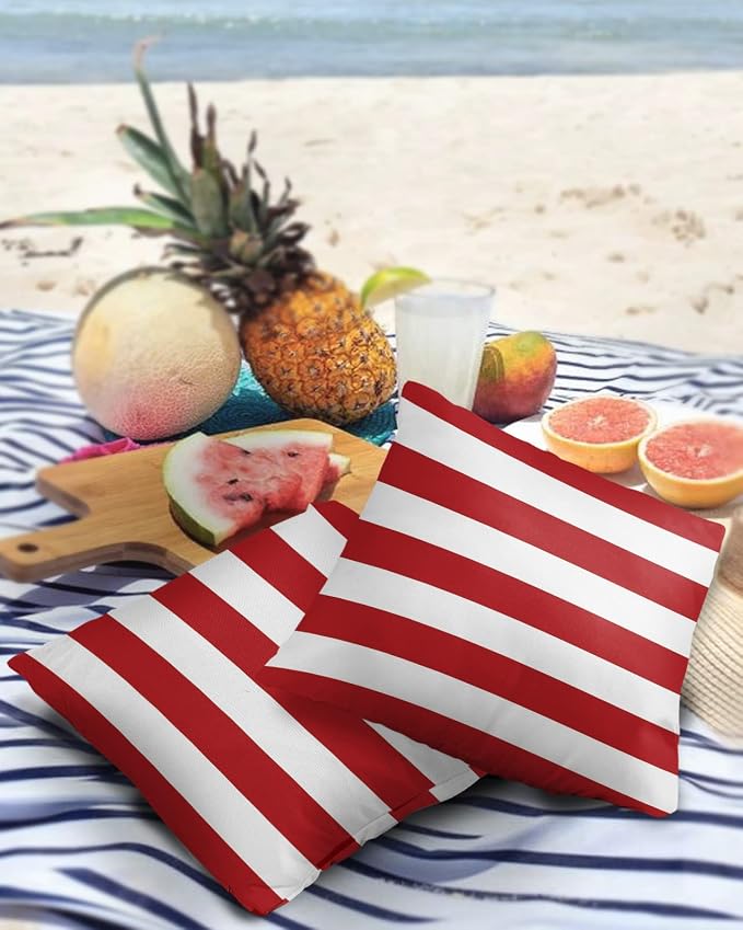 Outdoor Pillows Christmas Stripes Red Waterproof Outdoor Pillow Covers Geometric Red White Polyester Throw Pillow Covers Garden Cushion Decorative Case for Patio Couch Decoration Set of 2