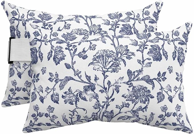 Pack of 2 Outdoor Lumbar Pillow Covers 11x16 Inch, Blue Flower Waterproof Throw Pillow Covers Set, Spring Leaf Vintage Farmhouse Boho Plant Indoor&Outdoor Cushion Cases for Patio Porch Beach