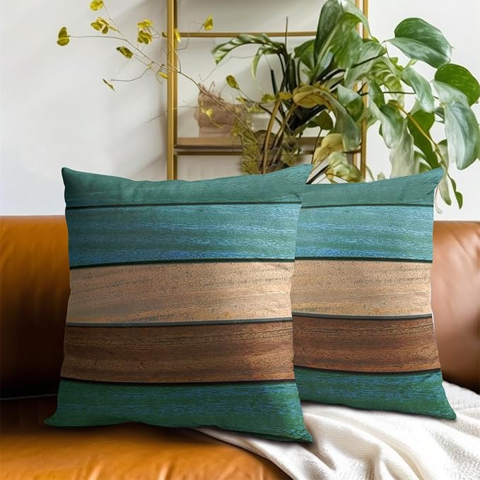 Brown Green Throw Pillow Covers Set of 2, Wood Board 16x16 Inch Cotton Square Reversible Pillow Case for Home Decor Sofa Soft Cushion Cases for Bedroom Couch Bed Car Chair