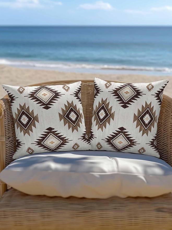 Waterproof Outdoor Pillow 1 Pack Brown Boho Aztec Decorative Throw Pillows Cover & Insert 18x18 Inch Pillowcase Southwest Tribal Style Square Pillows for Couch Sofa Bed Patio Furniture Indoor Outdoor