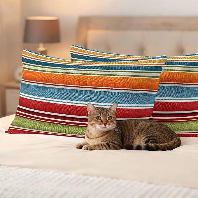 Yukro Color Striped Outdoor Waterproof Pillow Covers Pack of 2, Orange Blue Red Green Stripes Abstract Modern Throw Pillowcases Decorative Cushion Covers for Garden Patio Tent Sofa Couch, 20x12 inch