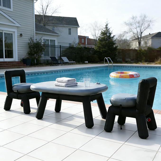 PlayDo Air Chair and Table Portable Blow Up Picnic Table Inflatable Camp Seats with Back Durable Camping Outdoor Furniture Lightweight Waterproof Stool with Back Support (Table)
