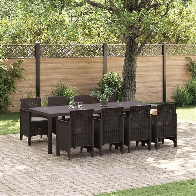 Afuera Living Contemporary Poly Rattan Patio Dining Set, Brown Finish, UV-Resistant Outdoor Furniture, Foam Cushions, Rectangular Table, Seats 8, Lightweight Design for Gardens and Terraces