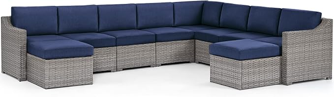 HAPPATIO 10 Piece Patio Conversation Set,Patio Furniture Set with Multiple Configuration Options,Rattan Wicker Outdoor Sectional Sofa with Thick Cushions. Easy Setup. (Gray/Blue)